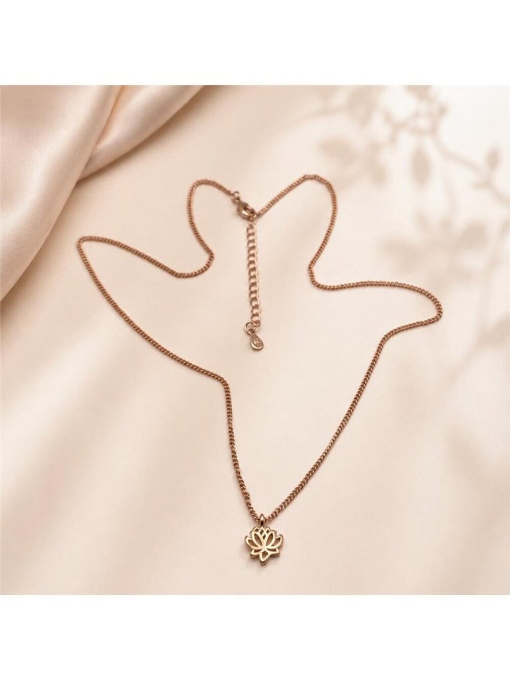 Rose Gold Tone Lotus Flower Pendant Necklace Dainty Signed DA Adjustable 20 in